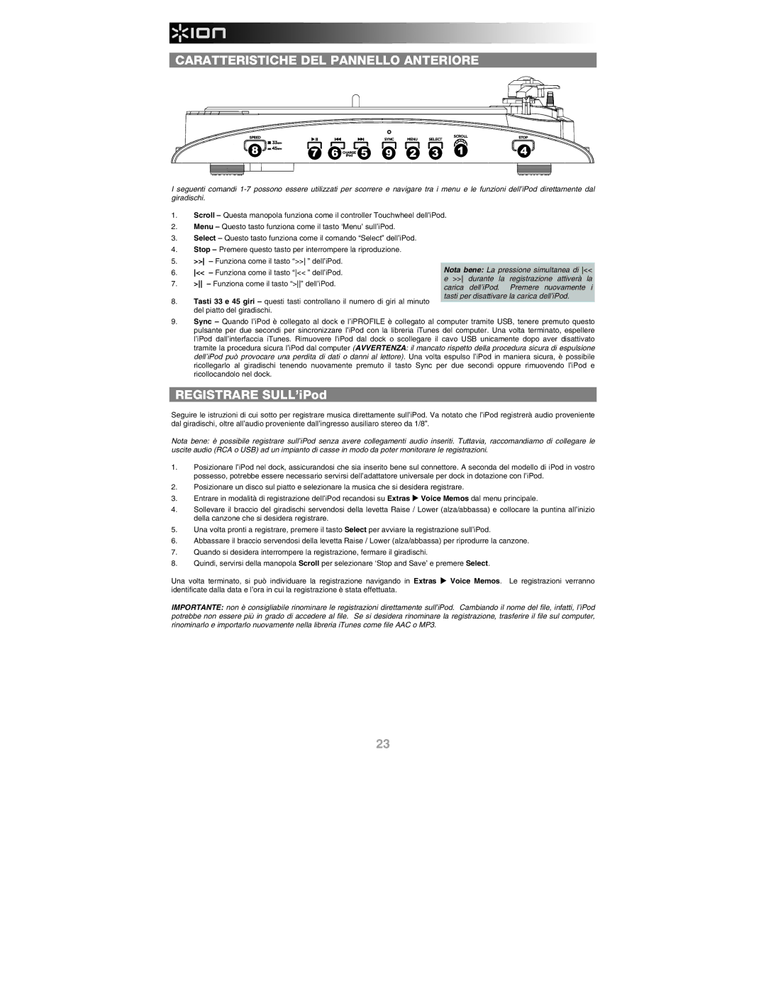 ION IPROFILE quick start Caratteristiche DEL Pannello Anteriore, Registrare SULL’iPod 