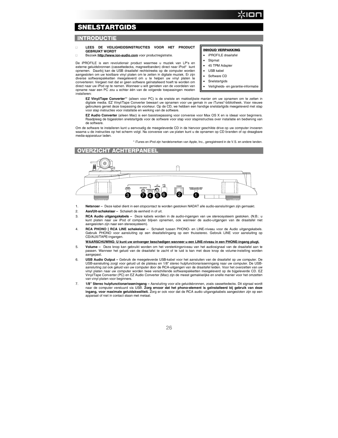 ION IPROFILE quick start Snelstartgids, Introductie, Overzicht Achterpaneel, Inhoud Verpakking 