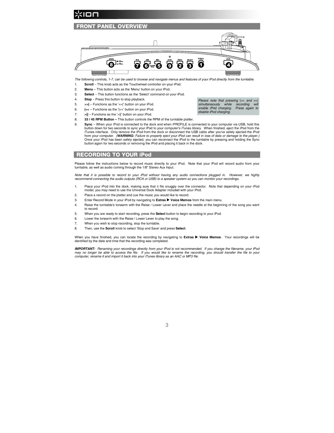 ION IPROFILE quick start Front Panel Overview, Recording to Your iPod 