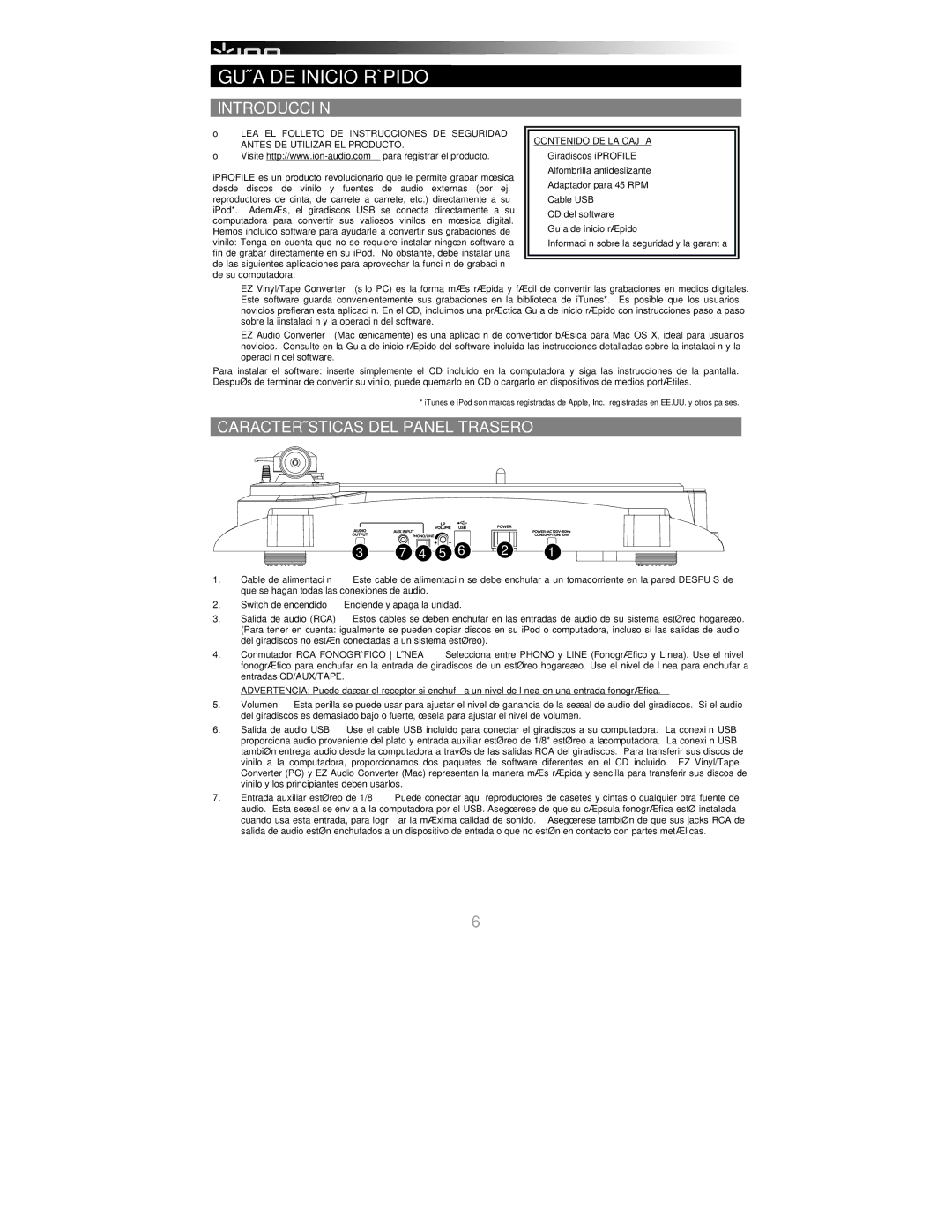 ION IPROFILE quick start Guía DE Inicio Rápido, Introducción, Características DEL Panel Trasero, Contenido DE LA Caja 