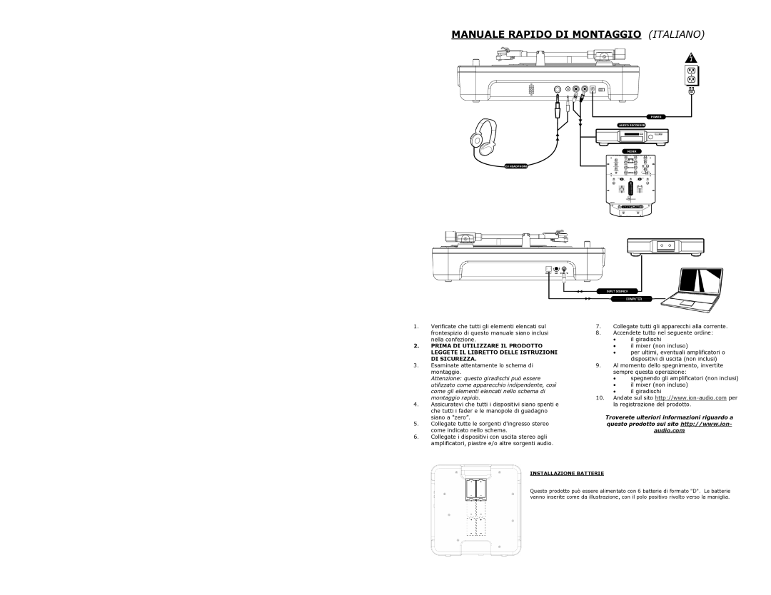 ION IPTUSB quick start Manuale Rapido DI Montaggio Italiano, Installazione Batterie 