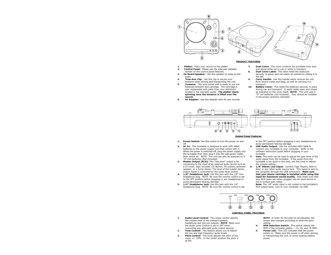 ION IPTUSB quick start Product Features, Spinning once the tonearm is lifted over, Record, Output Panel Features 