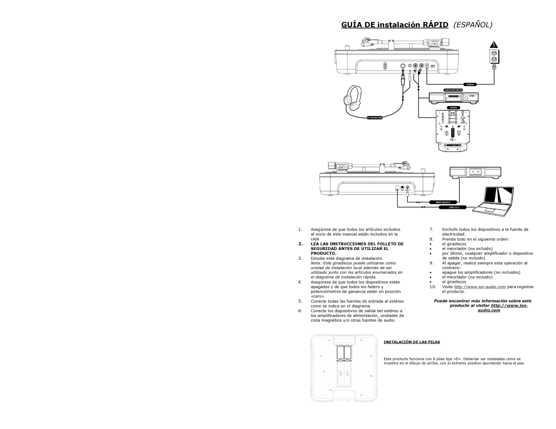ION IPTUSB quick start Guía DE instalación Rápid Español, Instalación DE LAS Pilas 