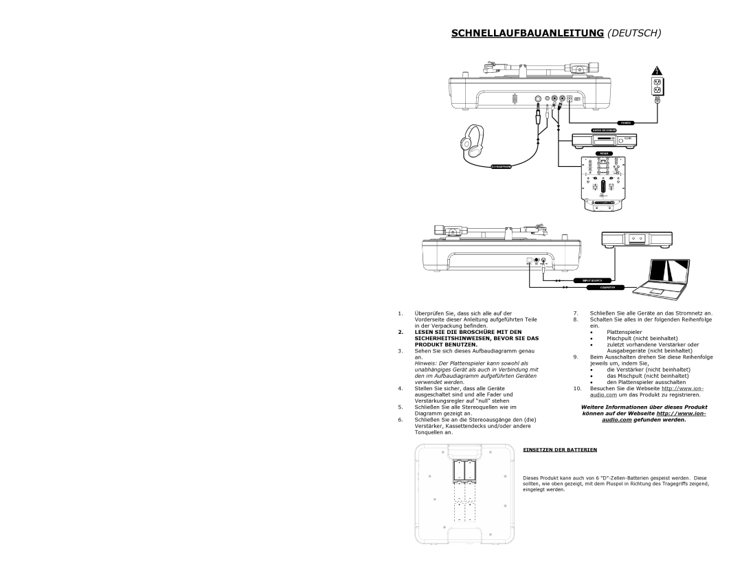 ION IPTUSB quick start Schnellaufbauanleitung Deutsch, Einsetzen DER Batterien 