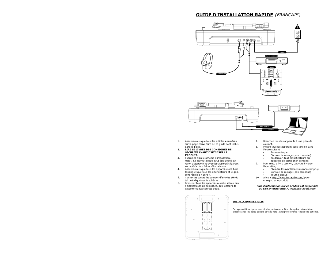 ION IPTUSB quick start Guide D’INSTALLATION Rapide Français, Installation DES Piles 