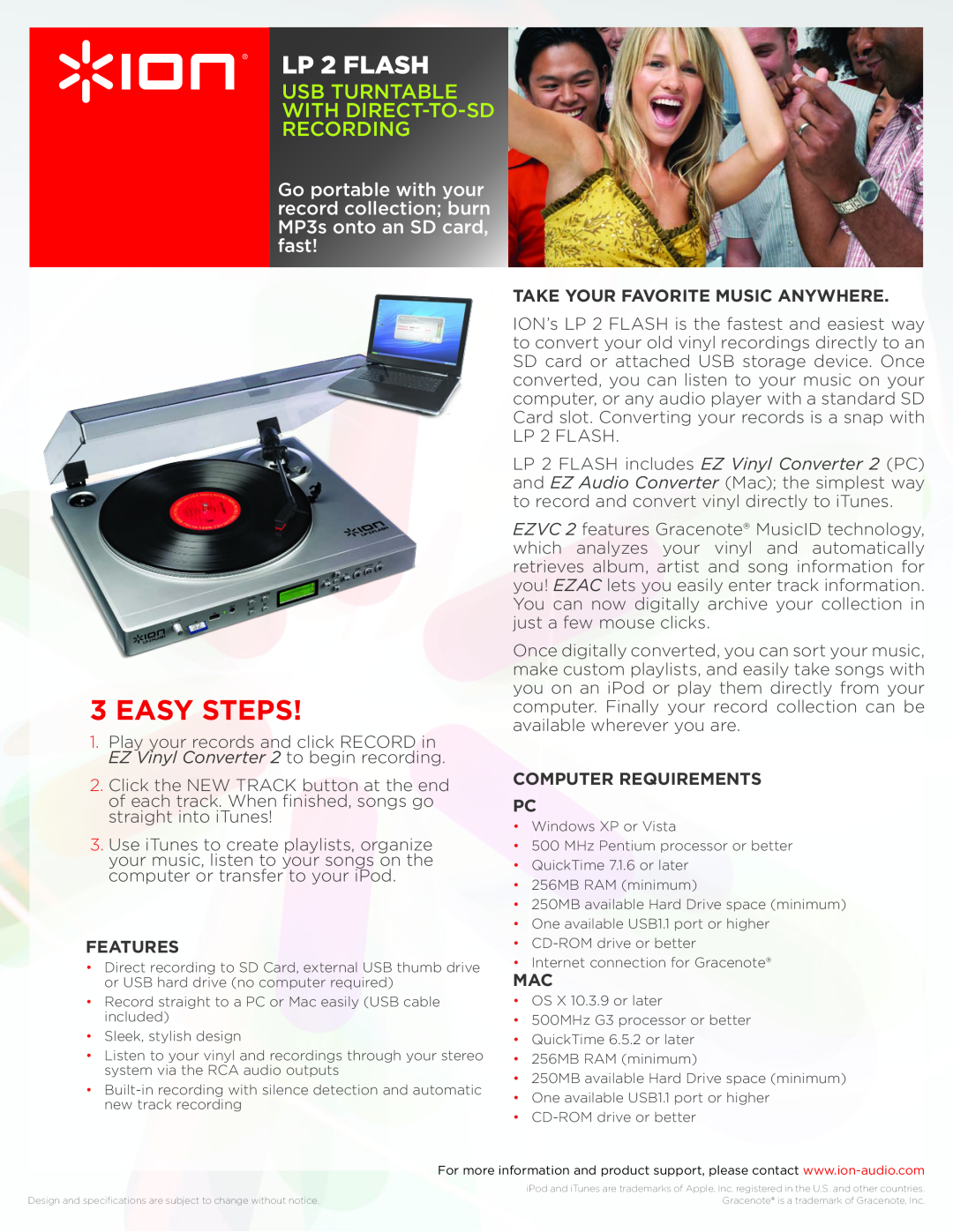 ION LP 2 FLASH specifications easy steps, usb turntable with direct-to-sdrecording, features, computer requirements PC 