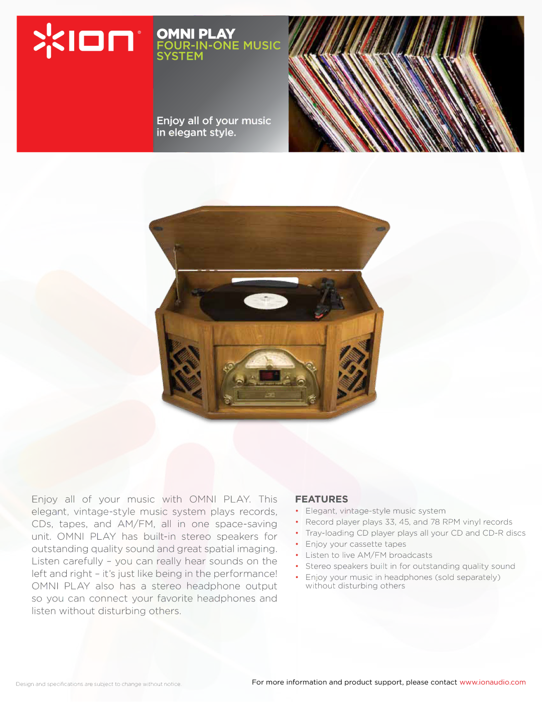 ION OMNI PLAY specifications Omni Play, FOUR-IN-ONE Music System, Enjoy all of your music in elegant style, Features 