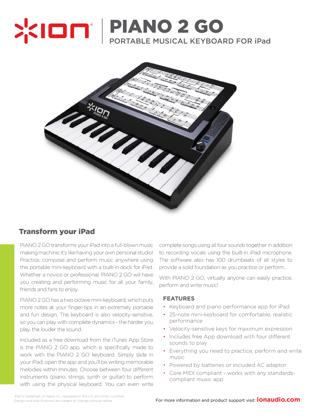 ION PIANO 2 GO specifications Piano 2 go, Transform your iPad, Features 