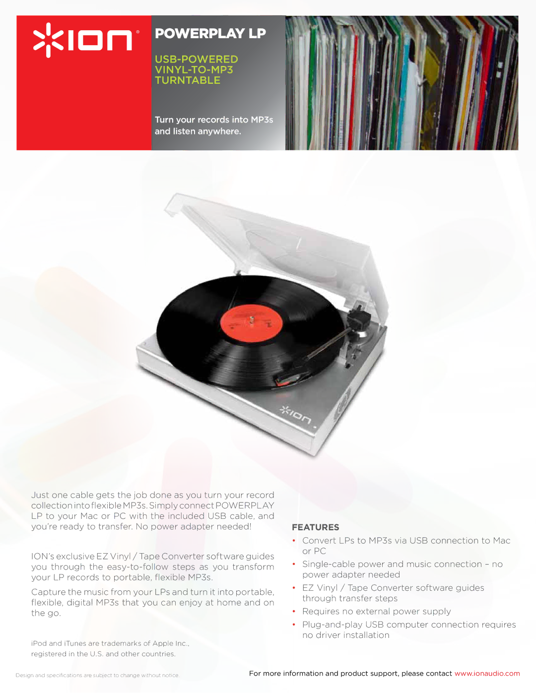 ION POWERPLAY LP specifications Powerplay LP, USB-POWERED VINYL-TO-MP3 Turntable, Features 