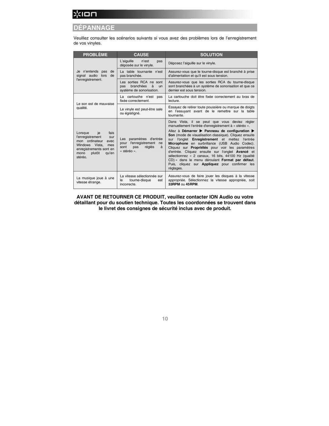 ION PROFILE LP quick start Dépannage, Problème Cause Solution 