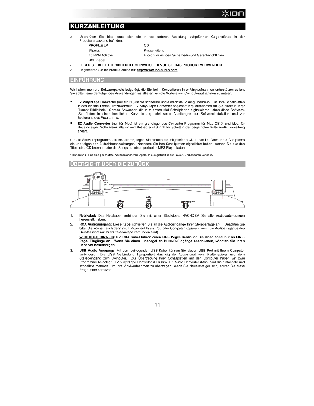 ION PROFILE LP quick start Einführung, Übersicht Über DIE Zurück, Slipmat Kurzanleitung RPM Adapter, USB-Kabel 