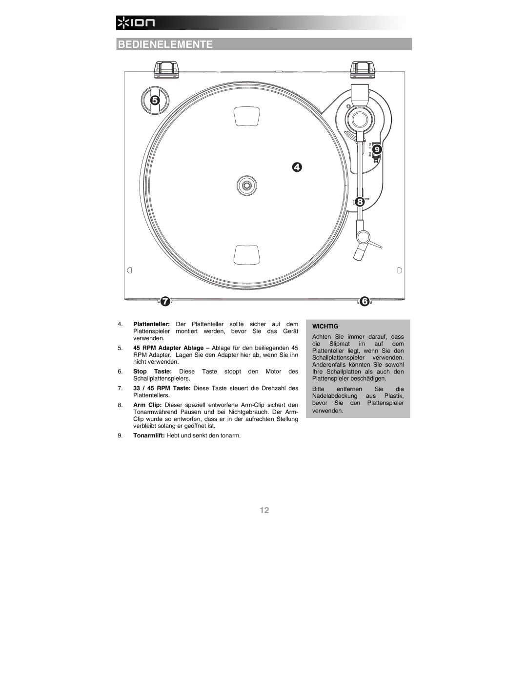 ION PROFILE LP quick start Bedienelemente, Der Plattenteller Sollte Sicher Auf Dem 