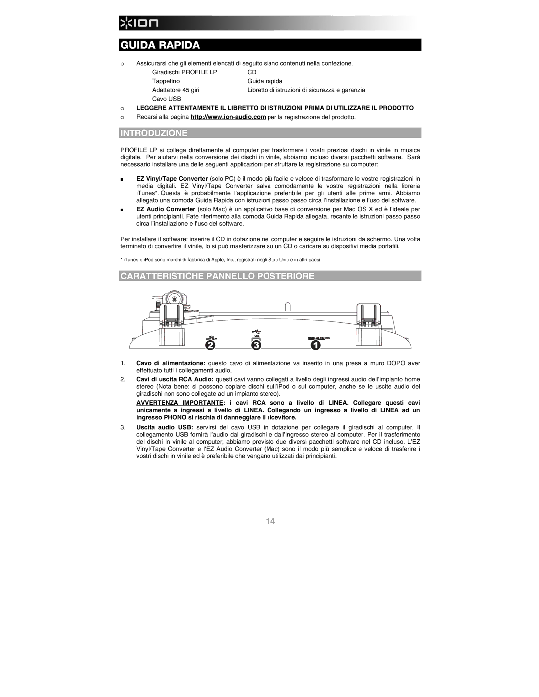 ION PROFILE LP quick start Guida Rapida, Introduzione, Caratteristiche Pannello Posteriore 