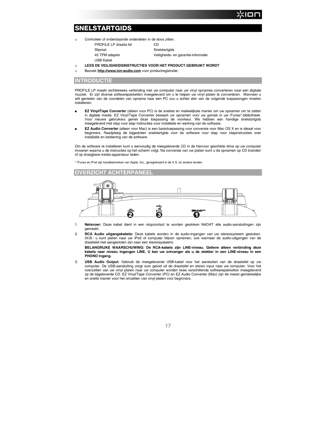 ION PROFILE LP quick start Snelstartgids, Introductie, Overzicht Achterpaneel, USB Kabel 