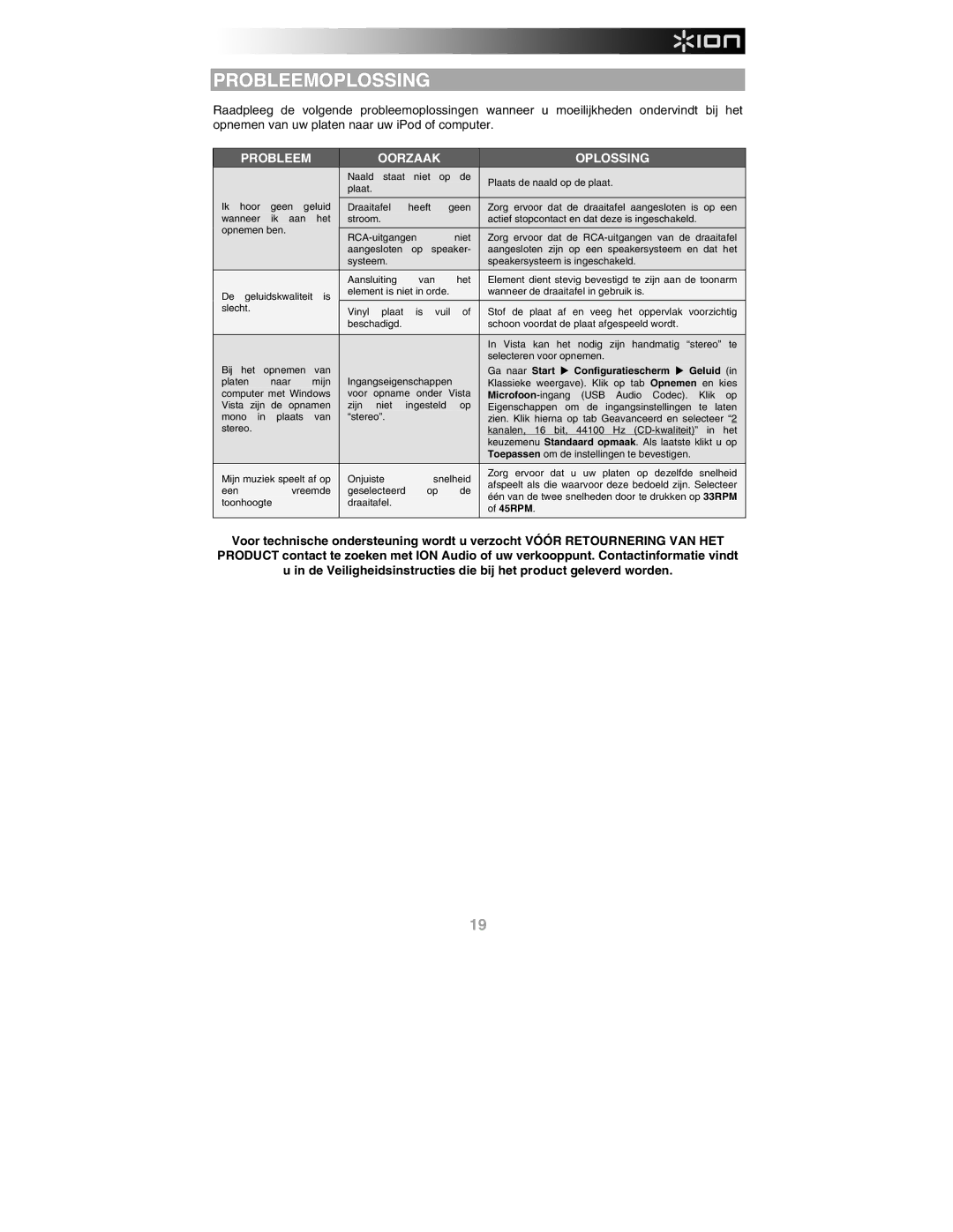 ION PROFILE LP quick start Probleemoplossing, Probleem Oorzaak Oplossing 