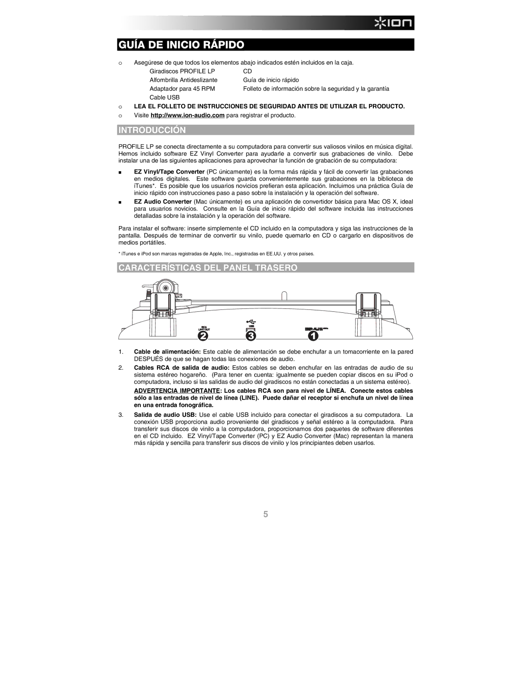 ION PROFILE LP quick start Guía DE Inicio Rápido, Introducción, Características DEL Panel Trasero, Cable USB 