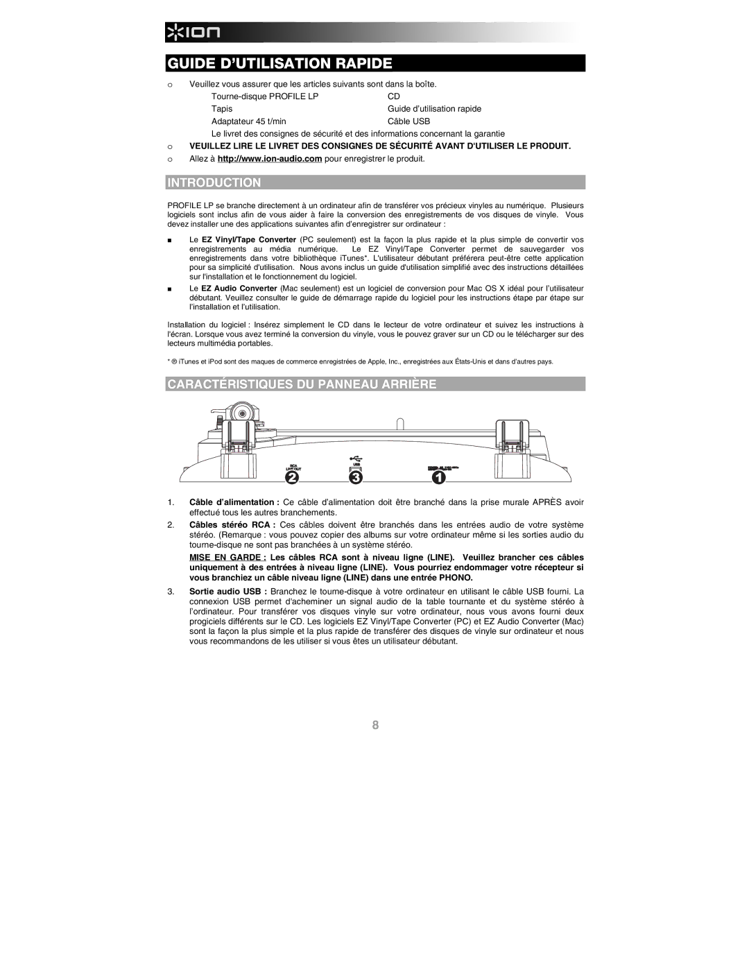 ION PROFILE LP quick start Guide D’UTILISATION Rapide, Introduction, Caractéristiques DU Panneau Arrière 