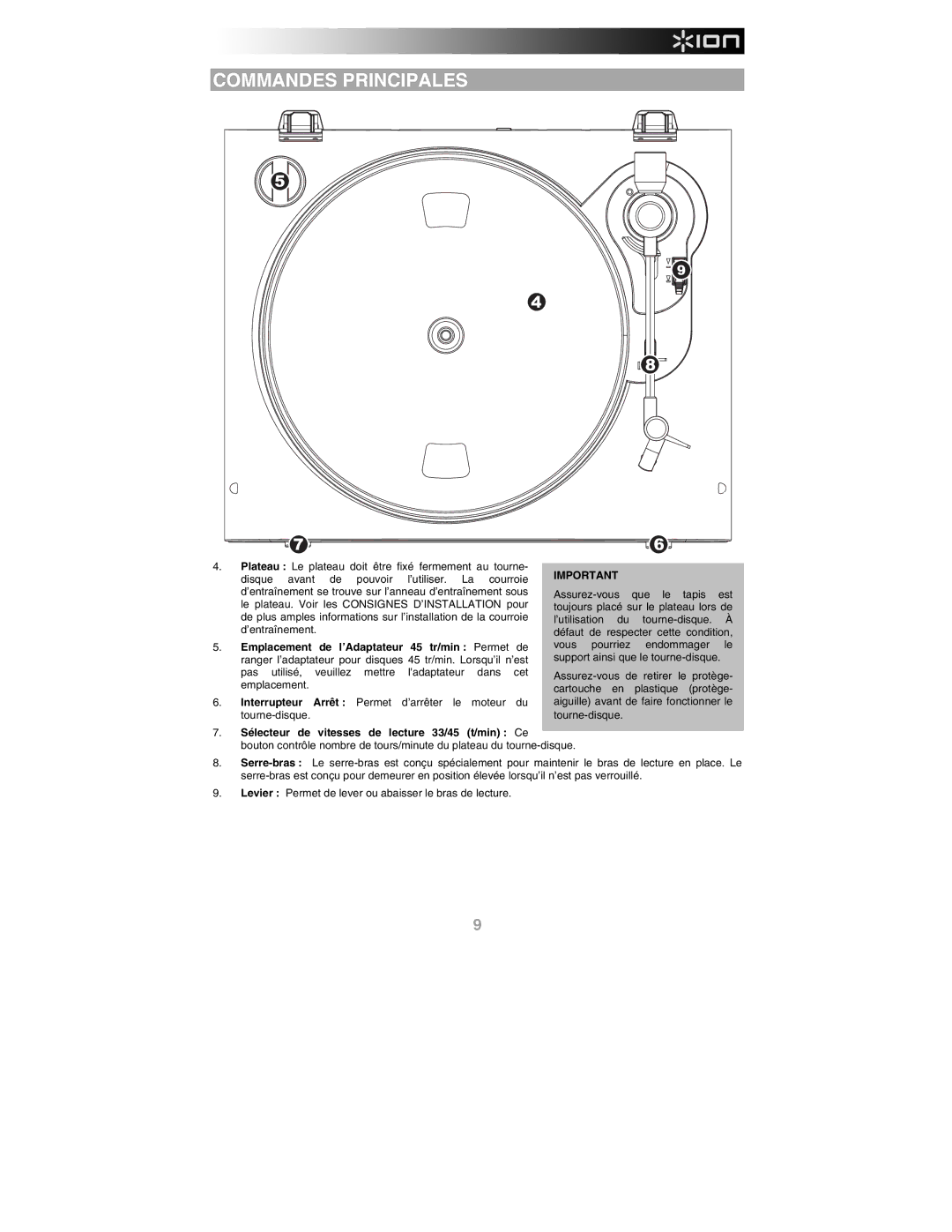 ION PROFILE LP quick start Commandes Principales, Emplacement de l’Adaptateur 45 tr/min Permet de 