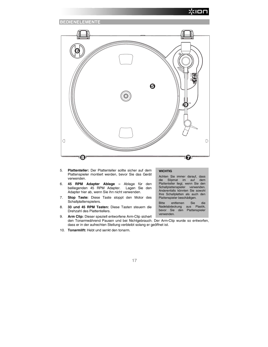 ION PROFILE PRO quick start Bedienelemente, Wichtig 