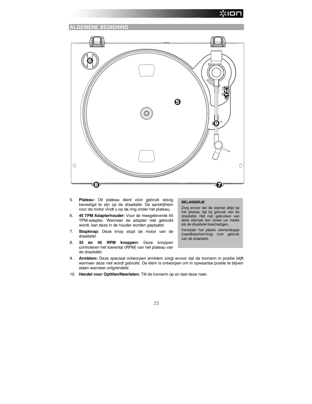 ION PROFILE PRO quick start Algemene Bediening, Belangrijk 