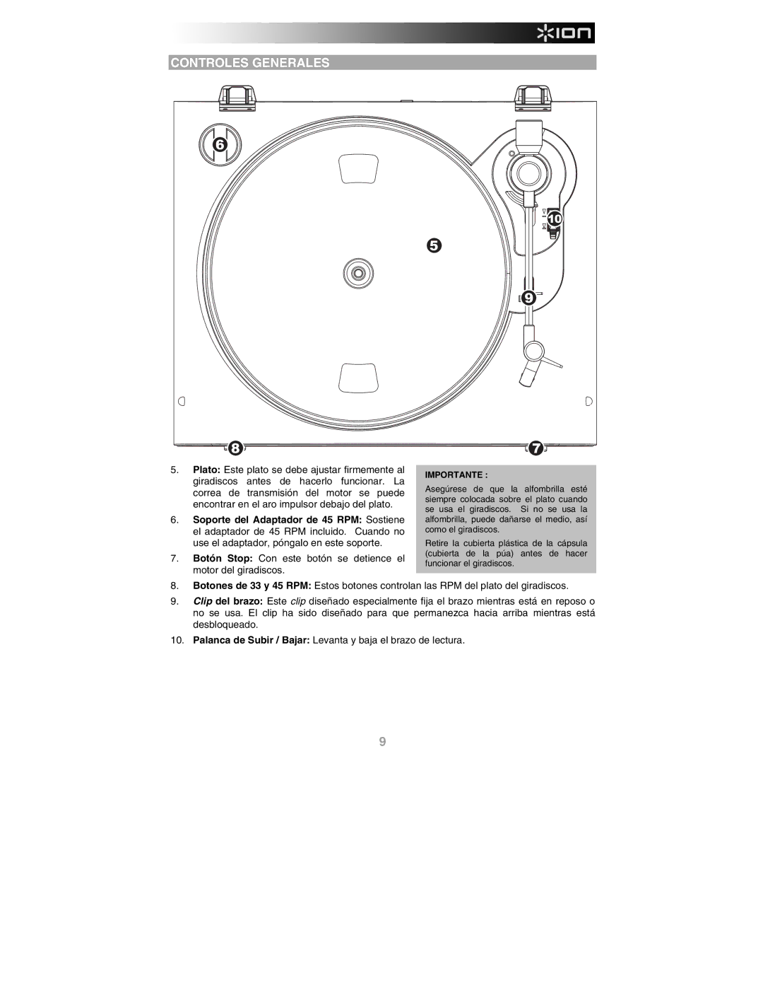 ION PROFILE PRO quick start Controles Generales, Importante 