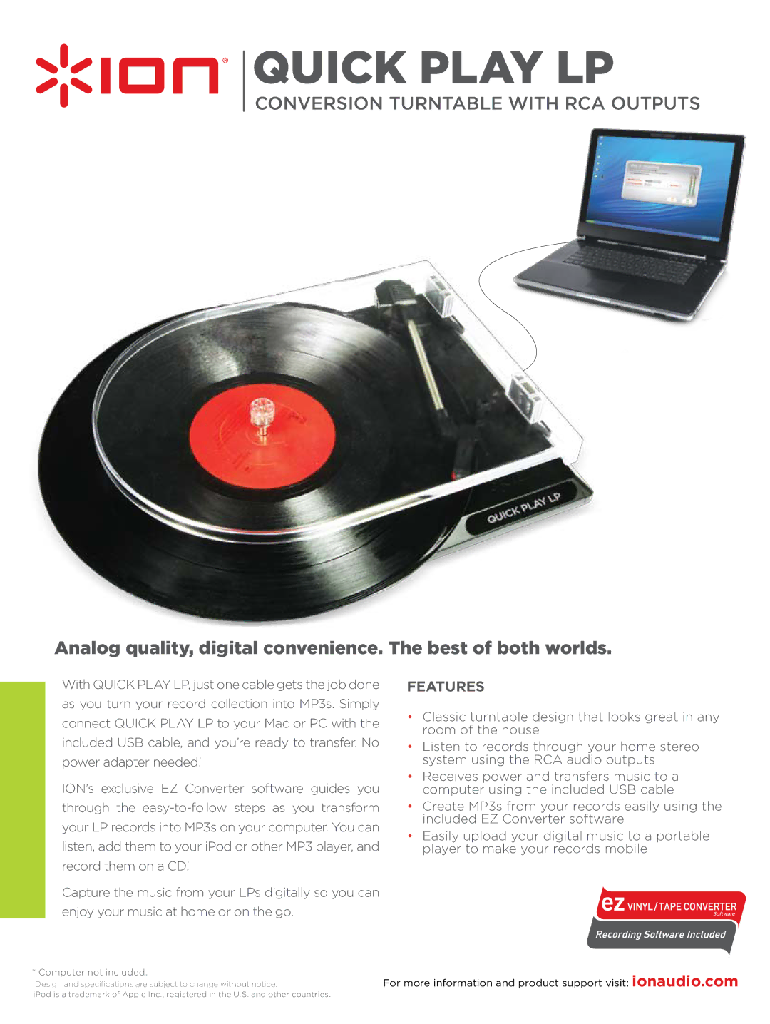 ION QUICK PLAY LP specifications Quick Play LP, Features, For more information and product support visit ionaudio.com 