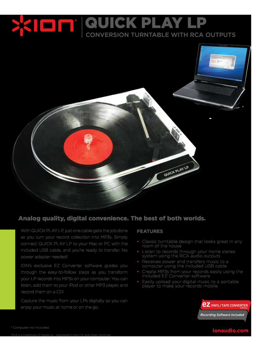 ION QUICK PLAY LP specifications Quick Play Lp, Conversion Turntable with RCA Outputs, Features 