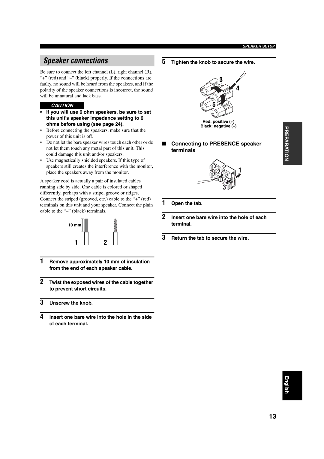 ION DSP-AX750SE Speaker connections, Connecting to Presence speaker terminals, Tighten the knob to secure the wire, 10 mm 