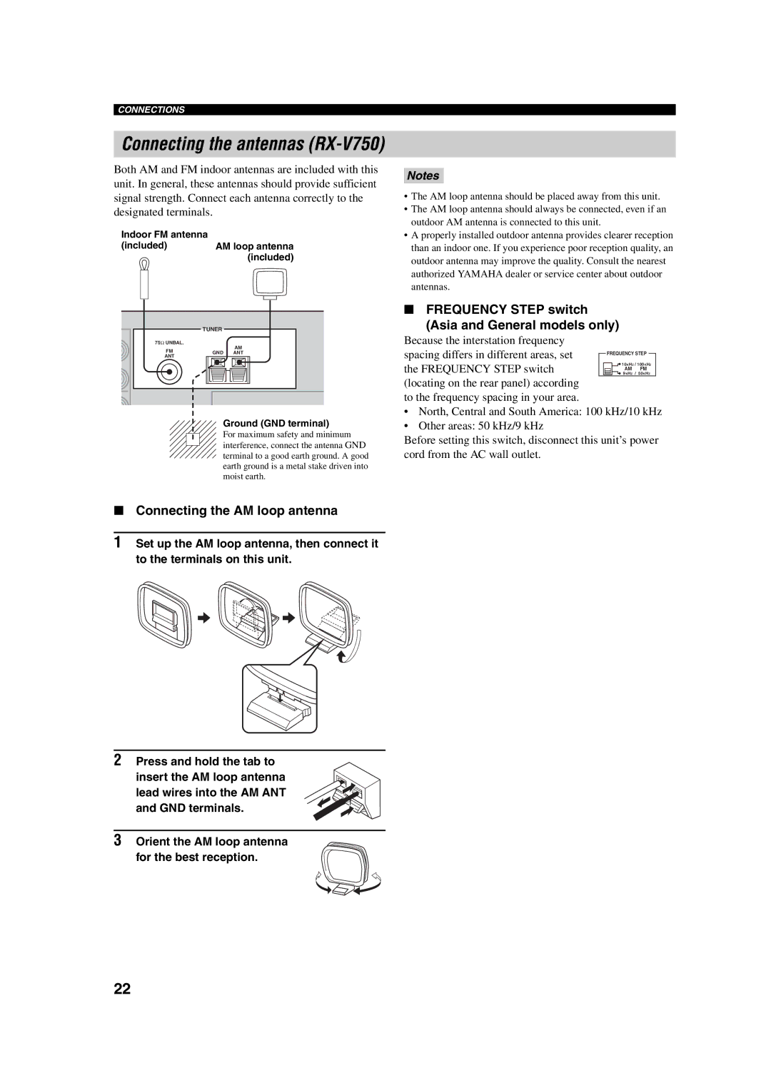 ION RX-V750 Connecting the AM loop antenna, Frequency Step switch Asia and General models only, Ground GND terminal 