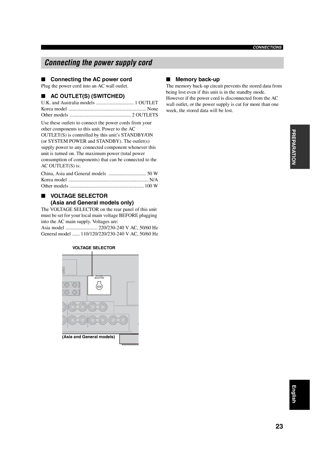 ION DSP-AX750SE, RX-V750 owner manual Connecting the power supply cord, Connecting the AC power cord, Memory back-up 