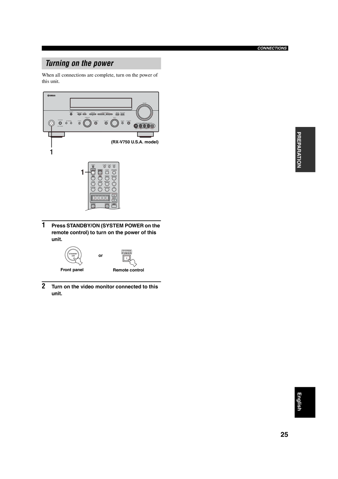 ION DSP-AX750SE Turning on the power, Turn on the video monitor connected to this unit, RX-V750 U.S.A. model, Front panel 