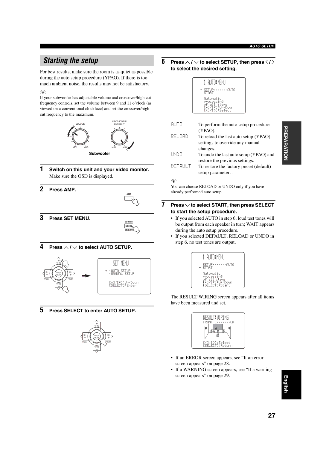 ION DSP-AX750SE, RX-V750 owner manual Starting the setup, Automenu, Resultwiring 