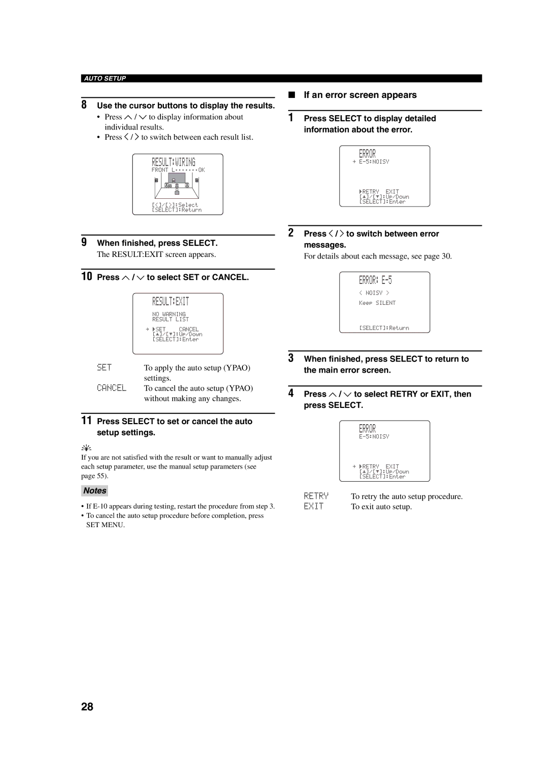 ION RX-V750, DSP-AX750SE owner manual Resultexit, Error E-5, If an error screen appears 