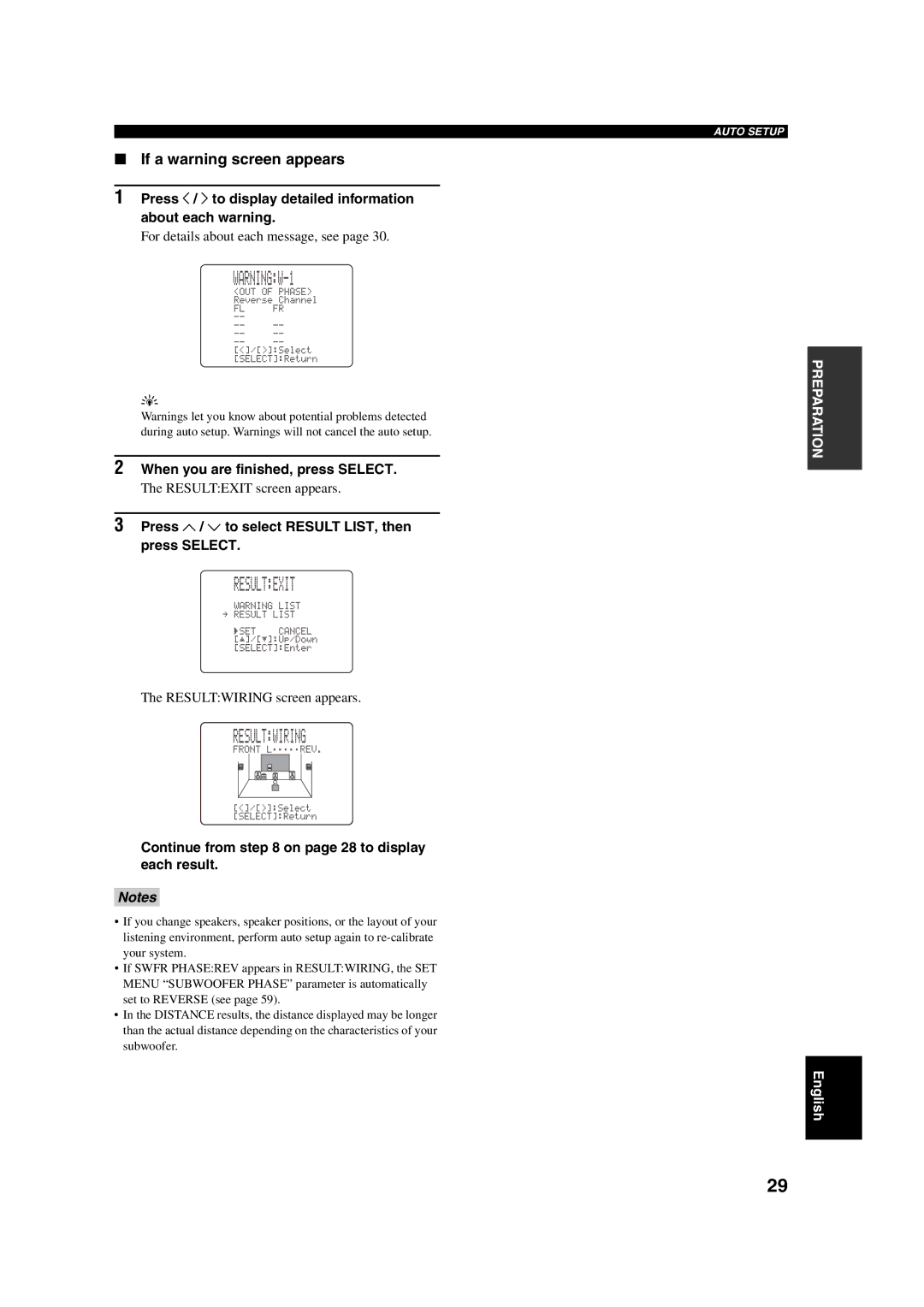 ION DSP-AX750SE, RX-V750 If a warning screen appears, When you are finished, press Select, Resultwiring screen appears 