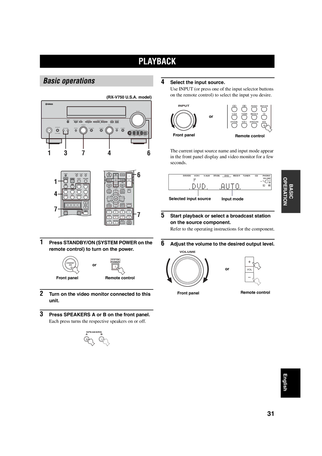 ION DSP-AX750SE Playback, Select the input source, Start playback or select a broadcast station, On the source component 