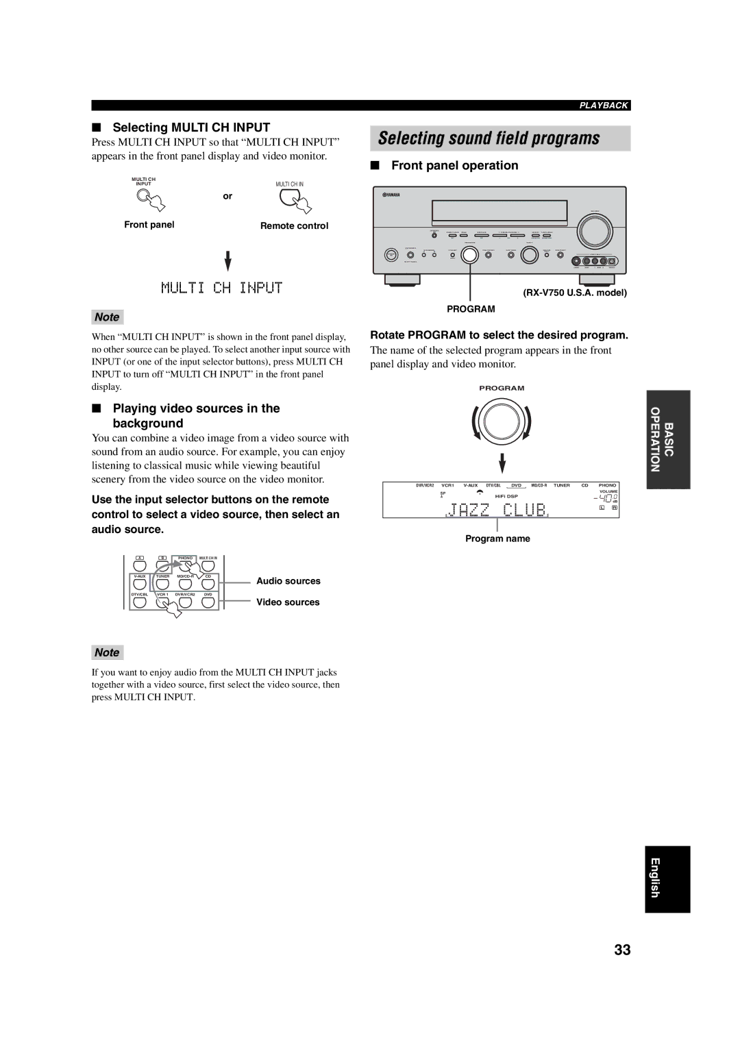 ION DSP-AX750SE, RX-V750 owner manual Selecting sound field programs, Selecting Multi CH Input, Front panel operation 