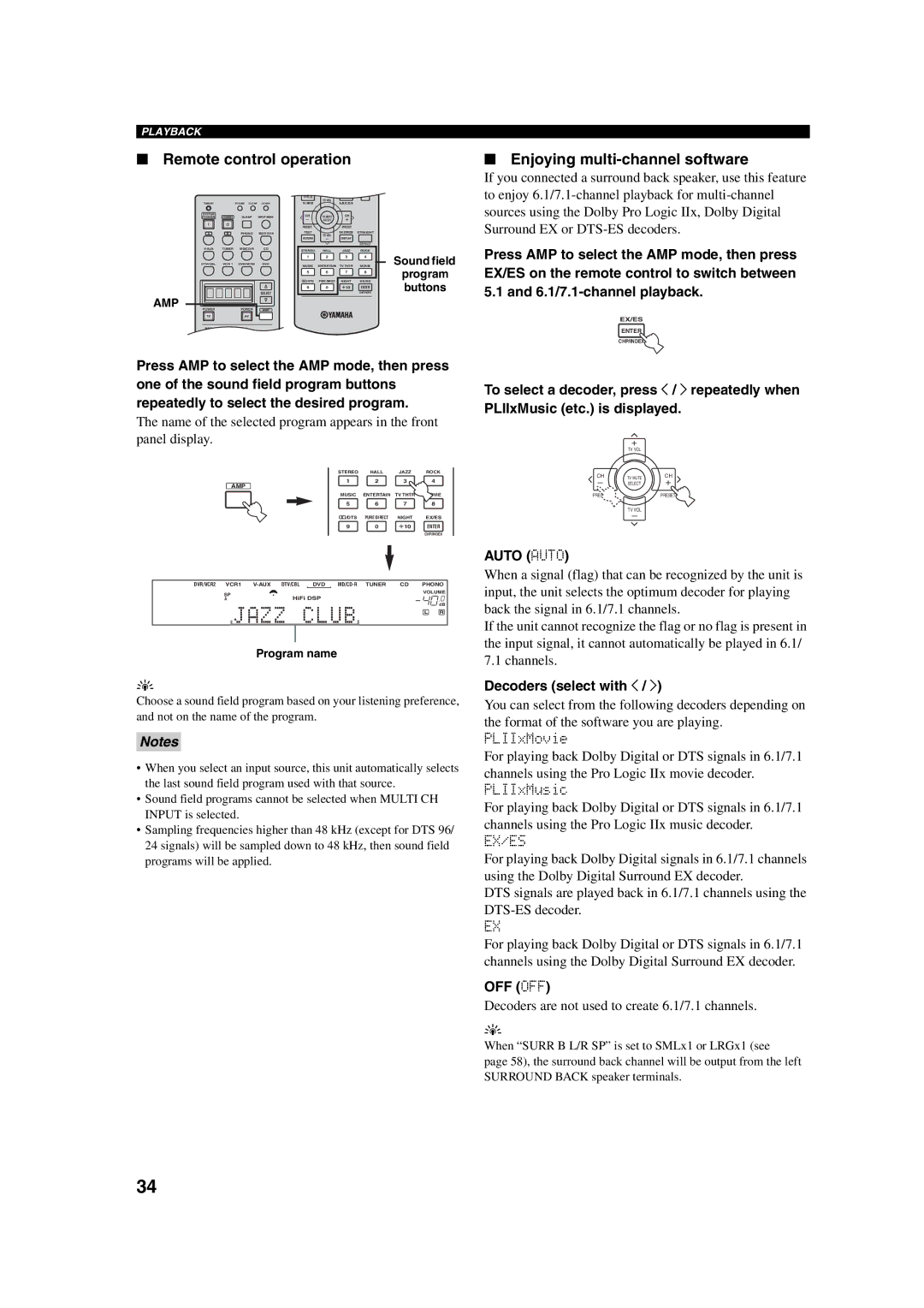 ION RX-V750 Remote control operation, Enjoying multi-channel software, Decoders select with j, PLIIxMusic, Ex/Es 