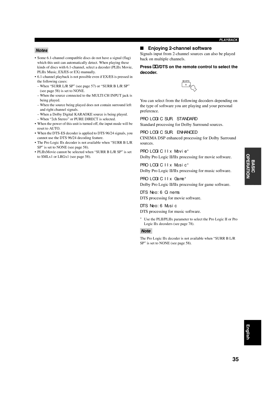 ION DSP-AX750SE, RX-V750 owner manual Enjoying 2-channel software, Press q/DTS on the remote control to select the decoder 