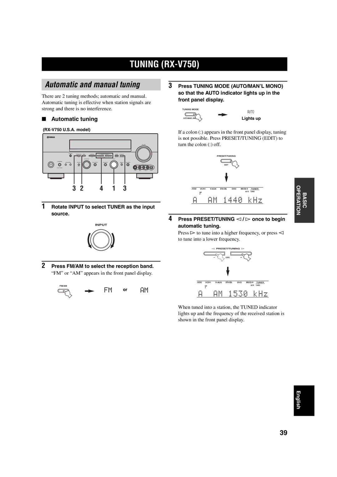 ION DSP-AX750SE owner manual Tuning RX-V750, Automatic and manual tuning, Automatic tuning 