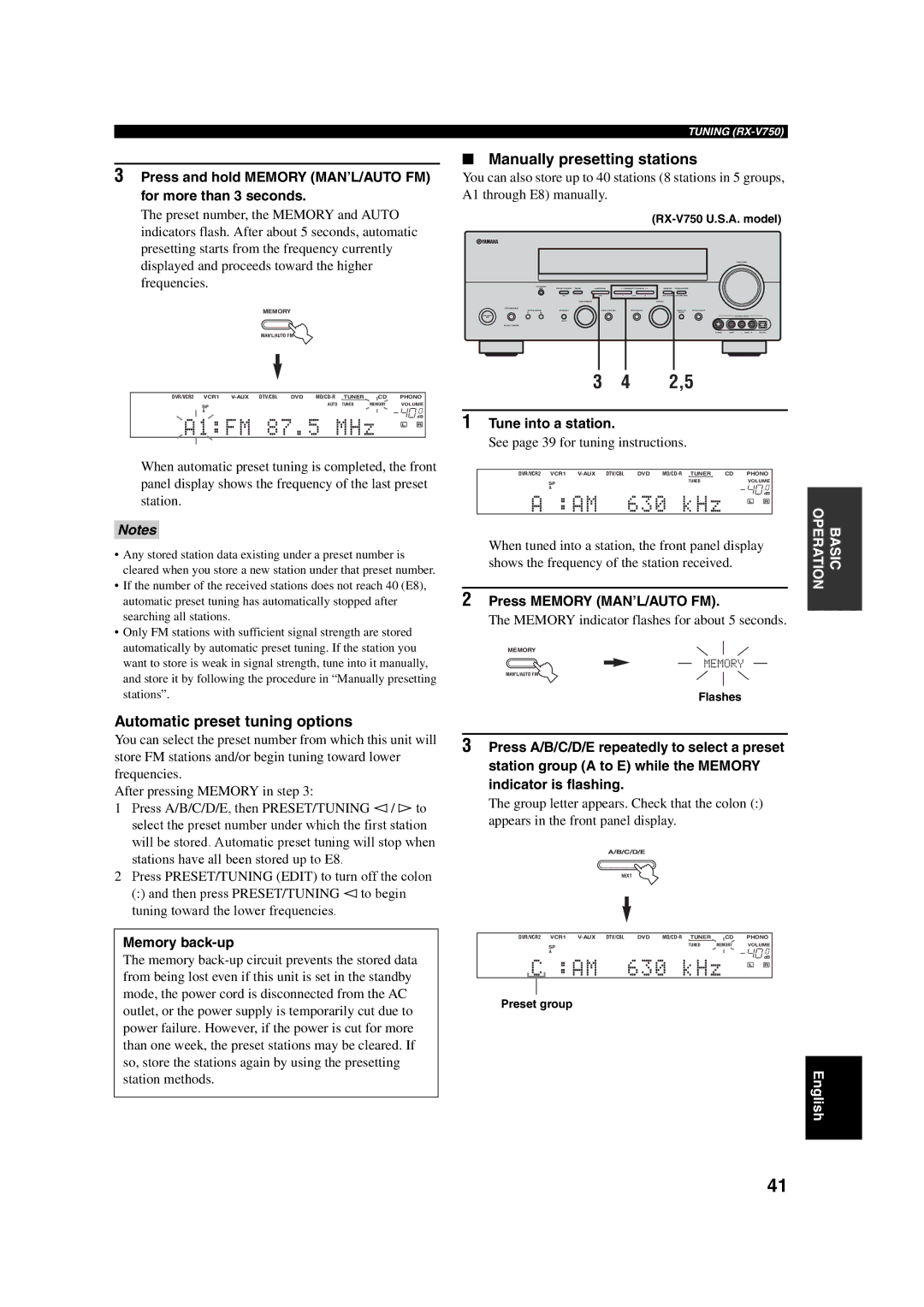 ION DSP-AX750SE, RX-V750 owner manual Automatic preset tuning options, Manually presetting stations 