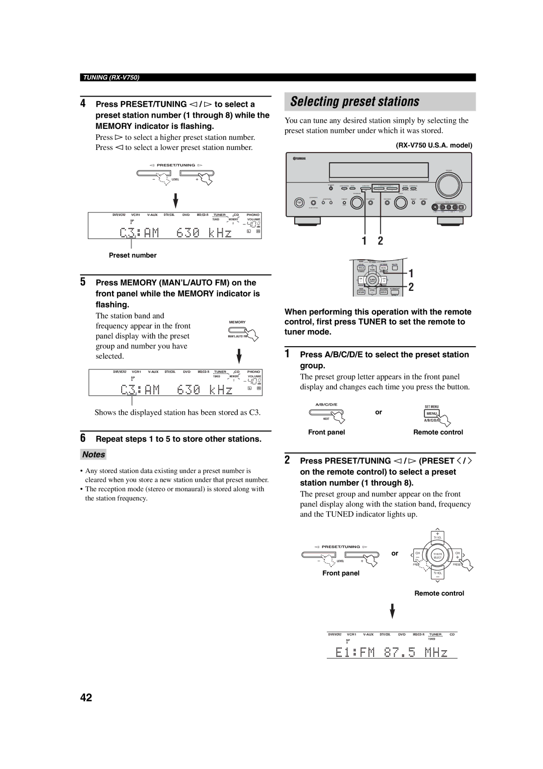 ION RX-V750, DSP-AX750SE owner manual Selecting preset stations, When performing this operation with the remote 