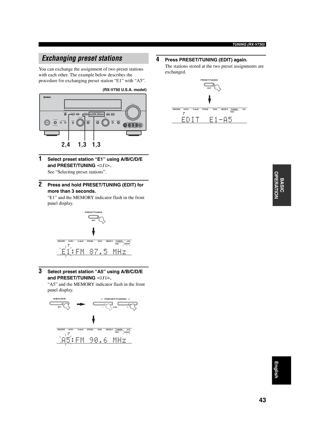 ION DSP-AX750SE, RX-V750 owner manual Press PRESET/TUNING Edit again, See Selecting preset stations 