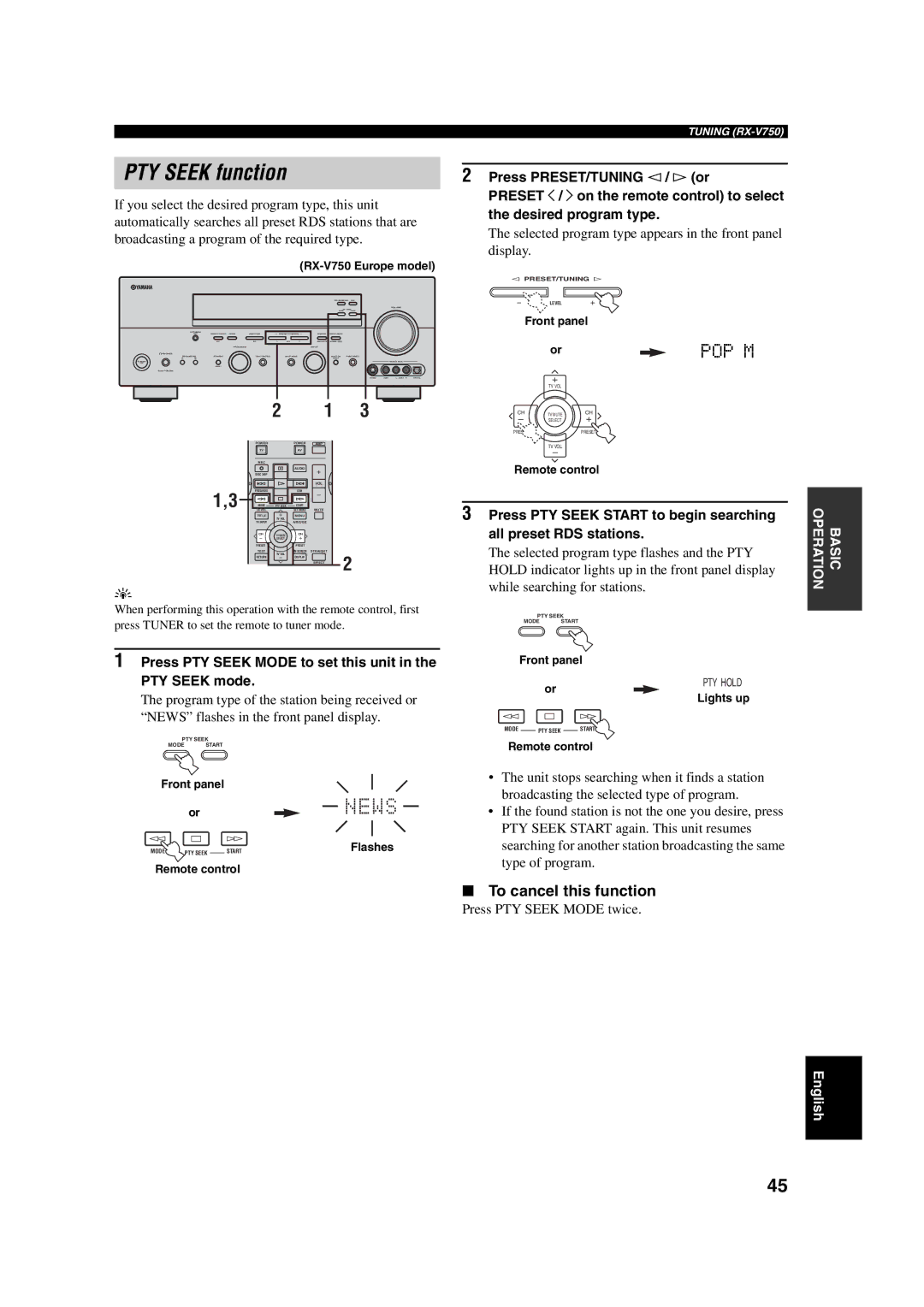 ION DSP-AX750SE, RX-V750 PTY Seek function, To cancel this function, Press PTY Seek Mode to set this unit, PTY Seek mode 