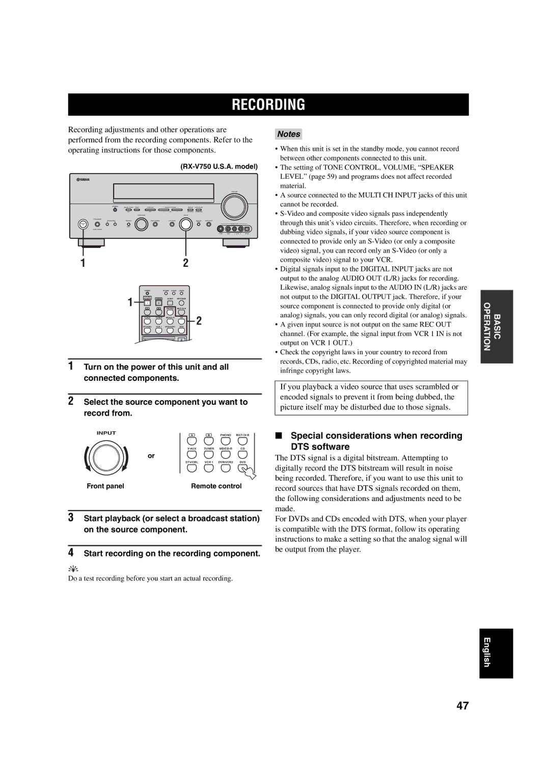 ION DSP-AX750SE, RX-V750 owner manual Recording, Special considerations when recording DTS software 