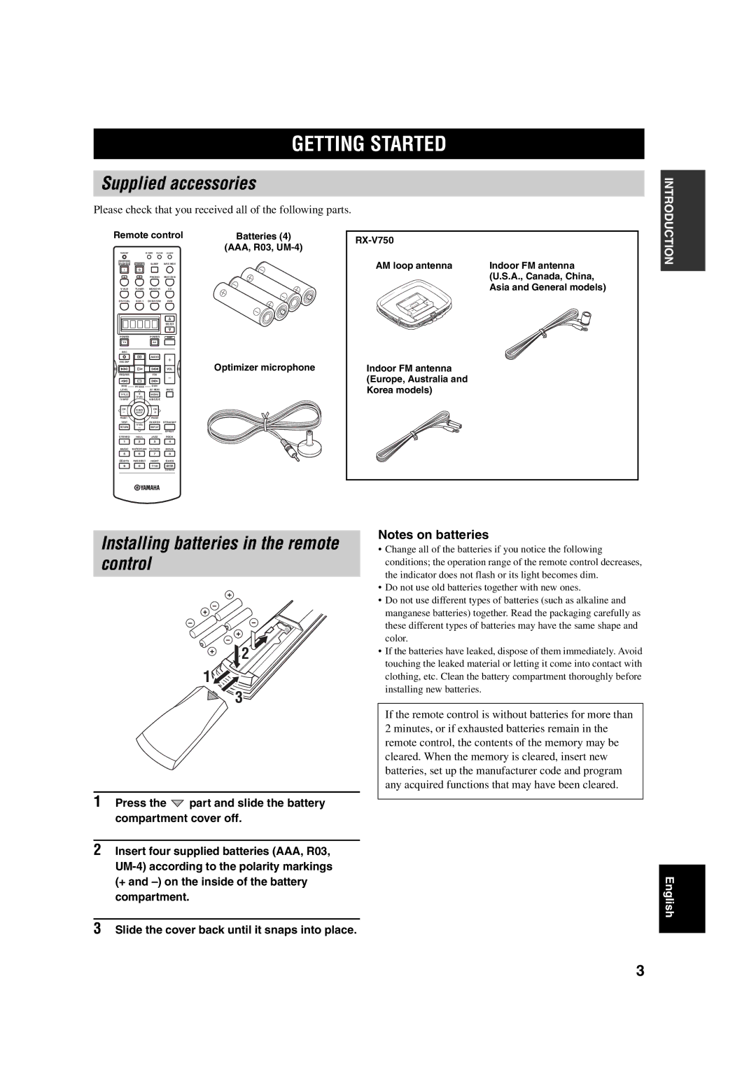 ION DSP-AX750SE, RX-V750 owner manual Getting Started, Supplied accessories, Installing batteries in the remote control 