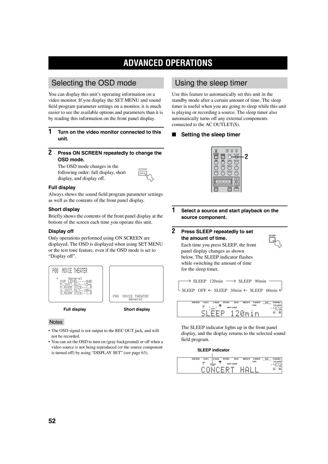 ION RX-V750 Advanced Operations, Selecting the OSD mode Using the sleep timer, P08 Movie Theater, Setting the sleep timer 