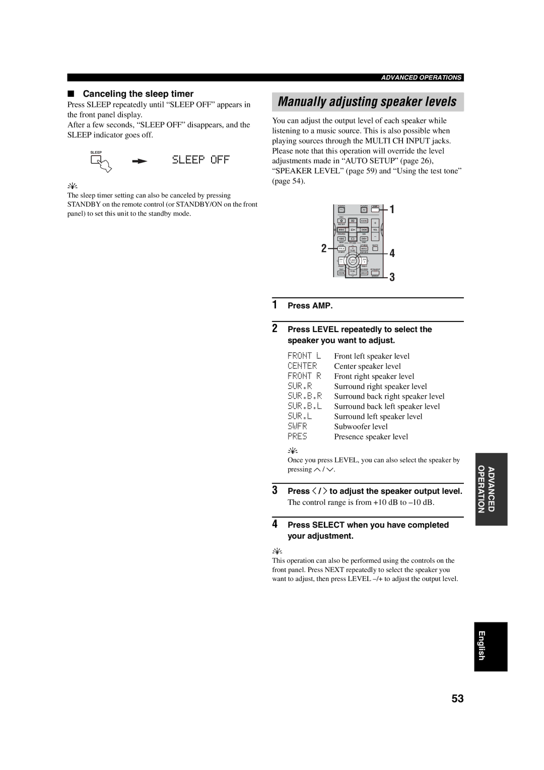 ION DSP-AX750SE, RX-V750 owner manual Sleep OFF, Canceling the sleep timer, Press j / i to adjust the speaker output level 