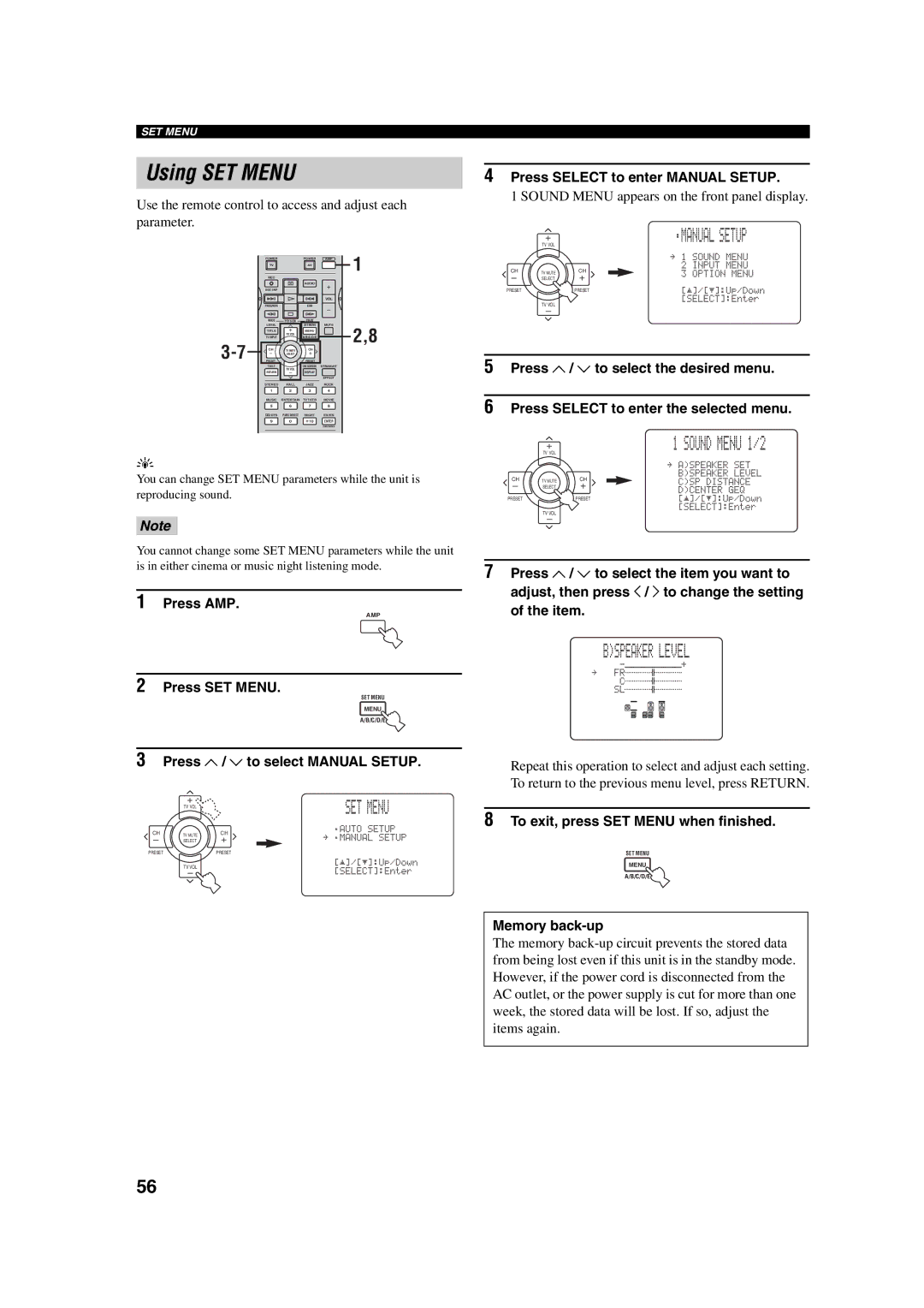 ION RX-V750 Using SET Menu, Bspeaker Level, Press u / d to select Manual Setup, Press Select to enter Manual Setup 