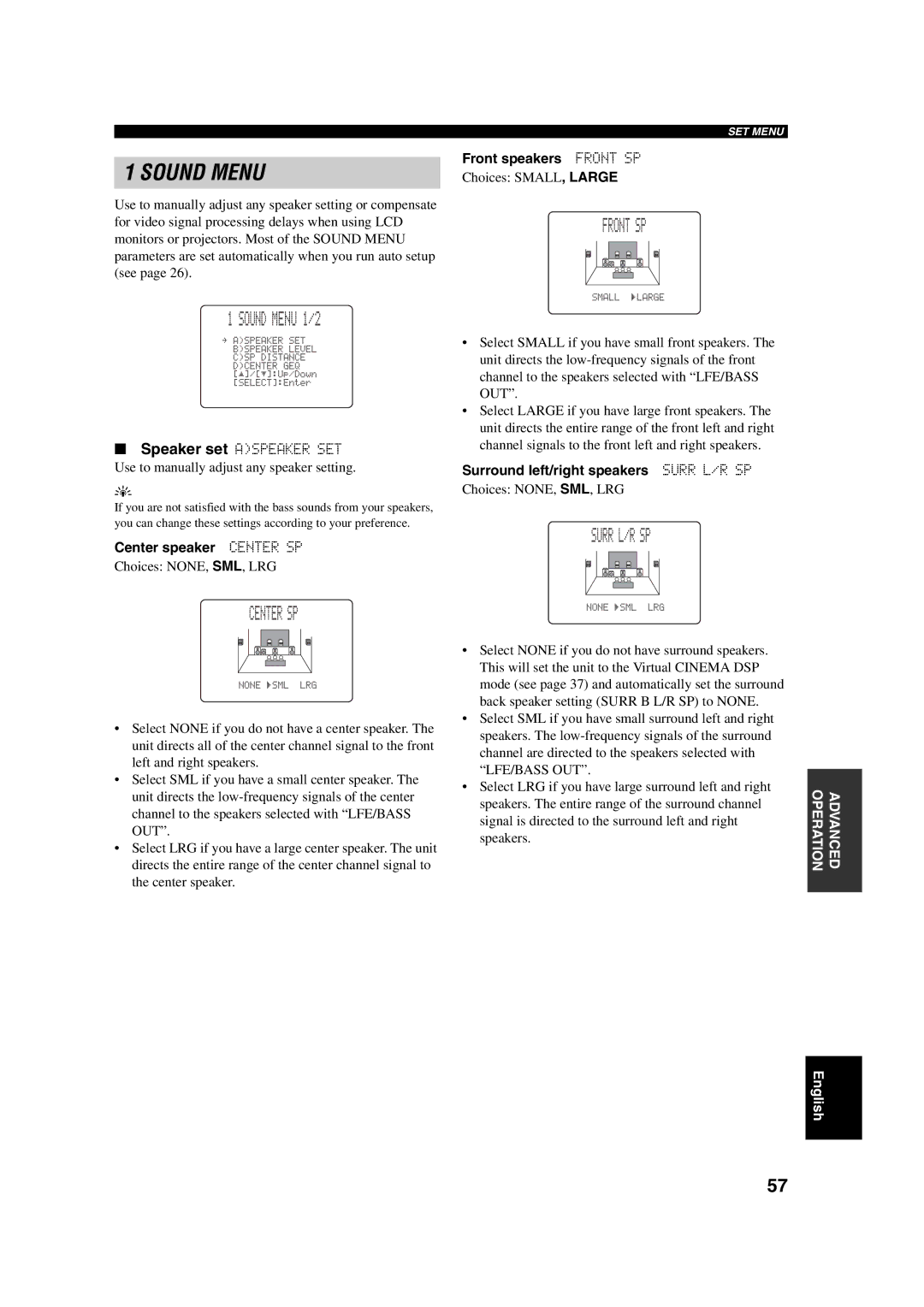 ION DSP-AX750SE, RX-V750 owner manual Sound Menu 1/2, Center SP, Front SP, Surr L/R SP 