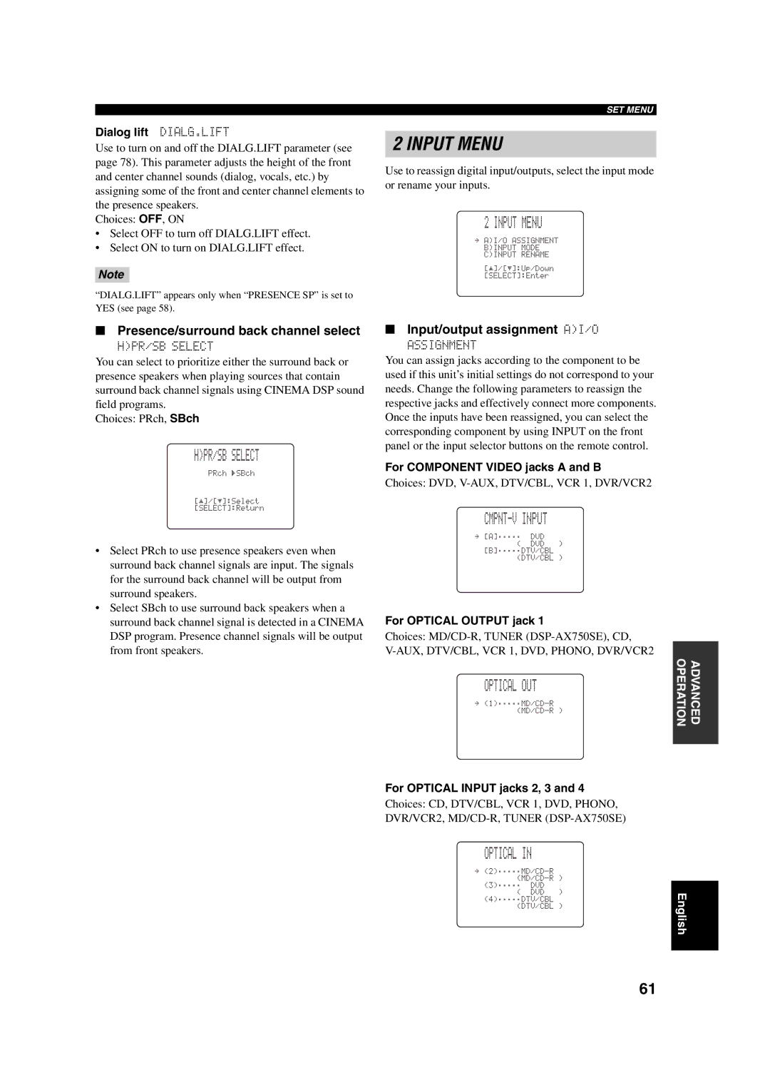 ION DSP-AX750SE, RX-V750 owner manual HPR/SB Select, Input Menu, CMPNT-V Input, Optical OUT 